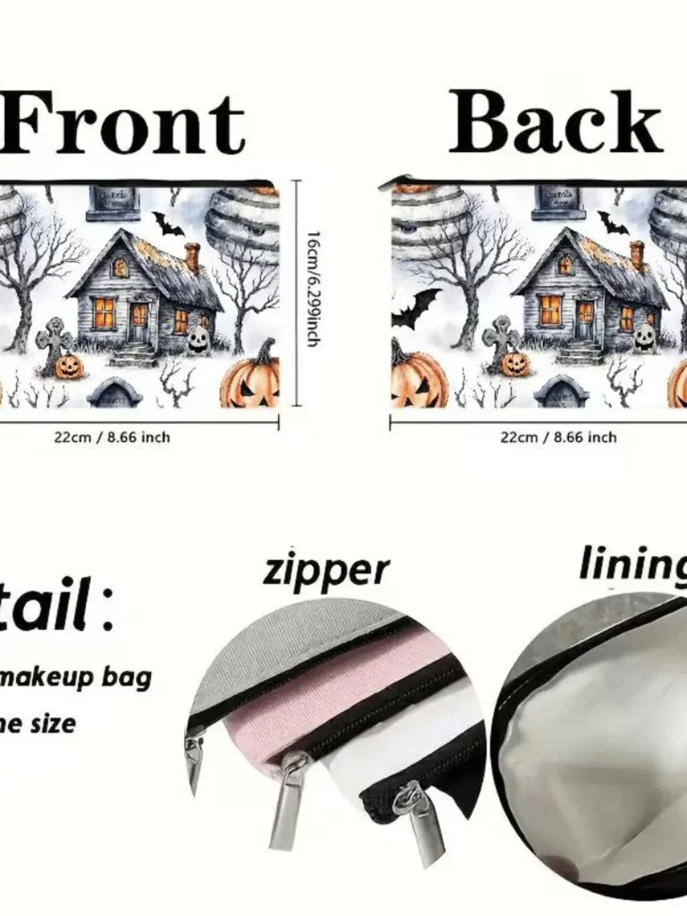 Halloween Goth Haunted House & Tombstones Make Up Bag Double-Sided 6.3h
